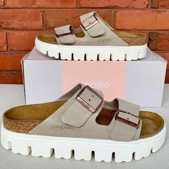 BIRKENSTOCK PAPILLIO Arizona Taupe Tan Suede Leather Chunky Platform Sandals - Picture 2 of 12